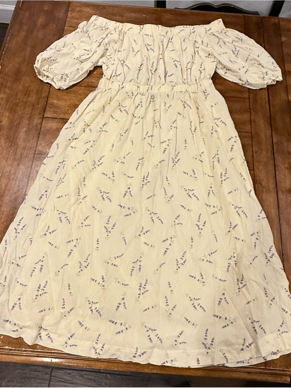 H&M Cream Floral Off-Shoulder Midi Dress with Purple Sprigs